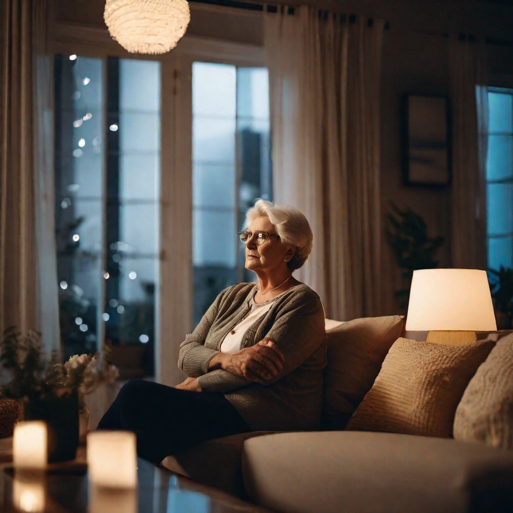 Generate an image that depicts a senior woman in a living room at night looking out a window looking confused.(photographic)